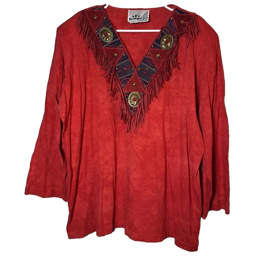 Vintage Art Express Red Fringe Western Southwestern Top One‎ Size USA Cotton